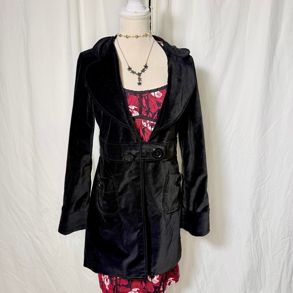 Tulle Black Velvet Belted Coat Jacket Size L